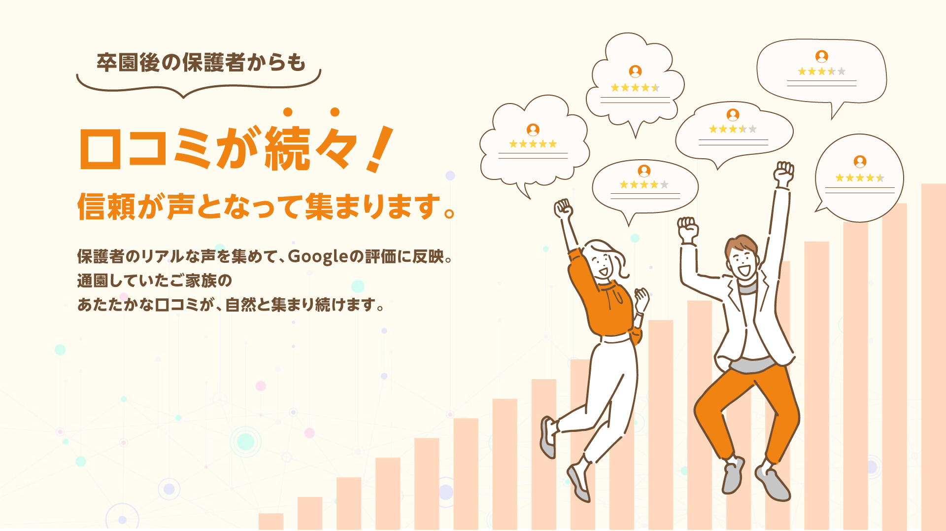 卒園後の保護者からも口コミが続々!信頼が声となって集まります。保護者のリアルな声を集めて、Googleの評価に反映。
通園していたご家族のあたたかな口コミが、自然と集まり続けます。